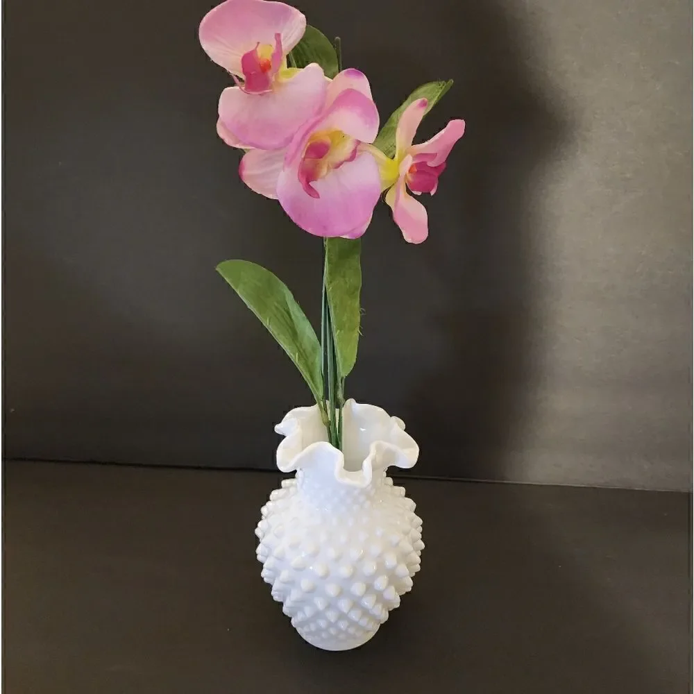 Vintage ruffled hobnail milk glass vase